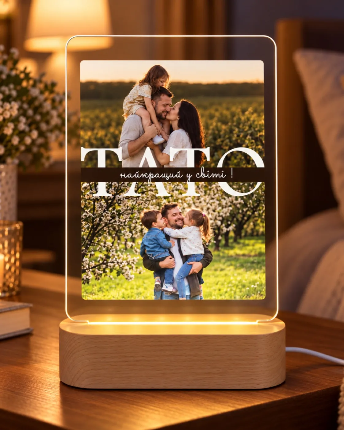 Постер «Тато — найкращий у світі» з двох сімейних фото на підставці з підсвіткою